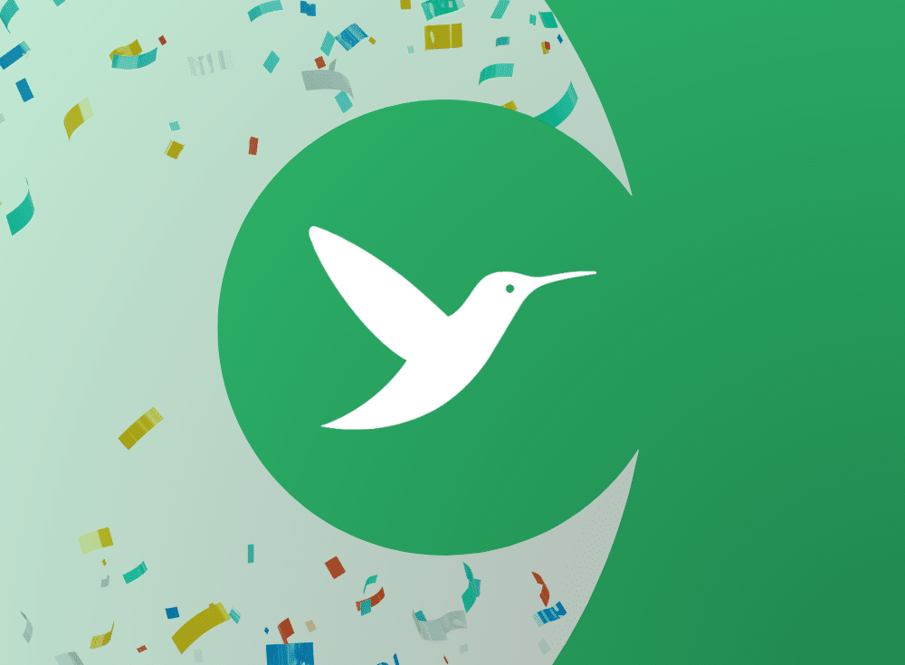 Green background with a white hummingbird logo in the center, surrounded by multicolored confetti, celebrating Fluent Bit surpassing 10 billion Docker pulls.