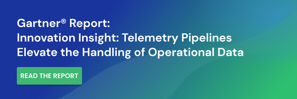 Banner with text "Gartner® Report: Innovation Insight: Telemetry Pipelines Elevate the Handling of Operational Data" and a green button labeled "Read the Report" on a blue-green gradient background, highlighting how Chronosphere improves observability and reduces logging costs.