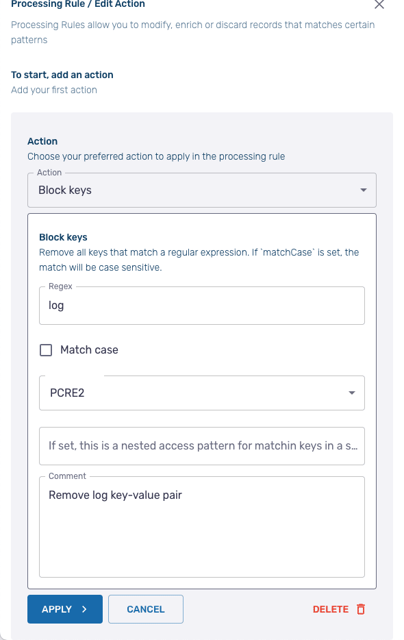 Screenshot of an editing interface showing a form to add an action for a processing rule. The selected action is "Block keys" with a regular expression "log" specified, aimed at protecting customer data. Options to apply or cancel are at the bottom.