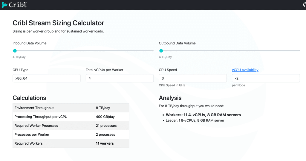 Screenshot of Cribl cost calculator