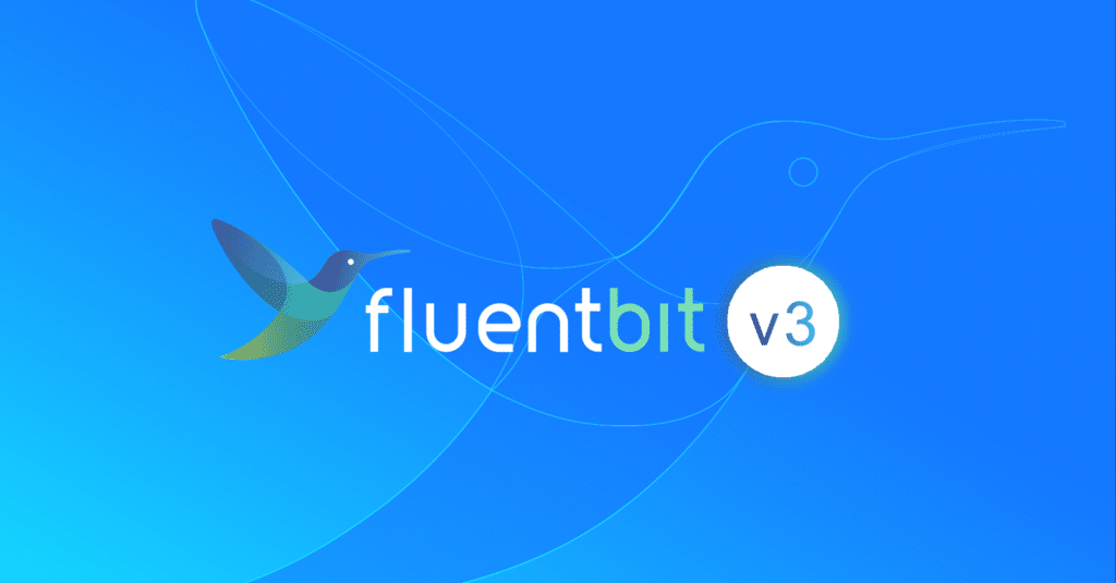 Logo for Fluent Bit v3 release featuring a stylized, multicolored hummingbird on a blue gradient background.