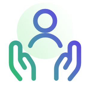 Graphic of two hands cupping a circular icon featuring a person, symbolizing protection or support.