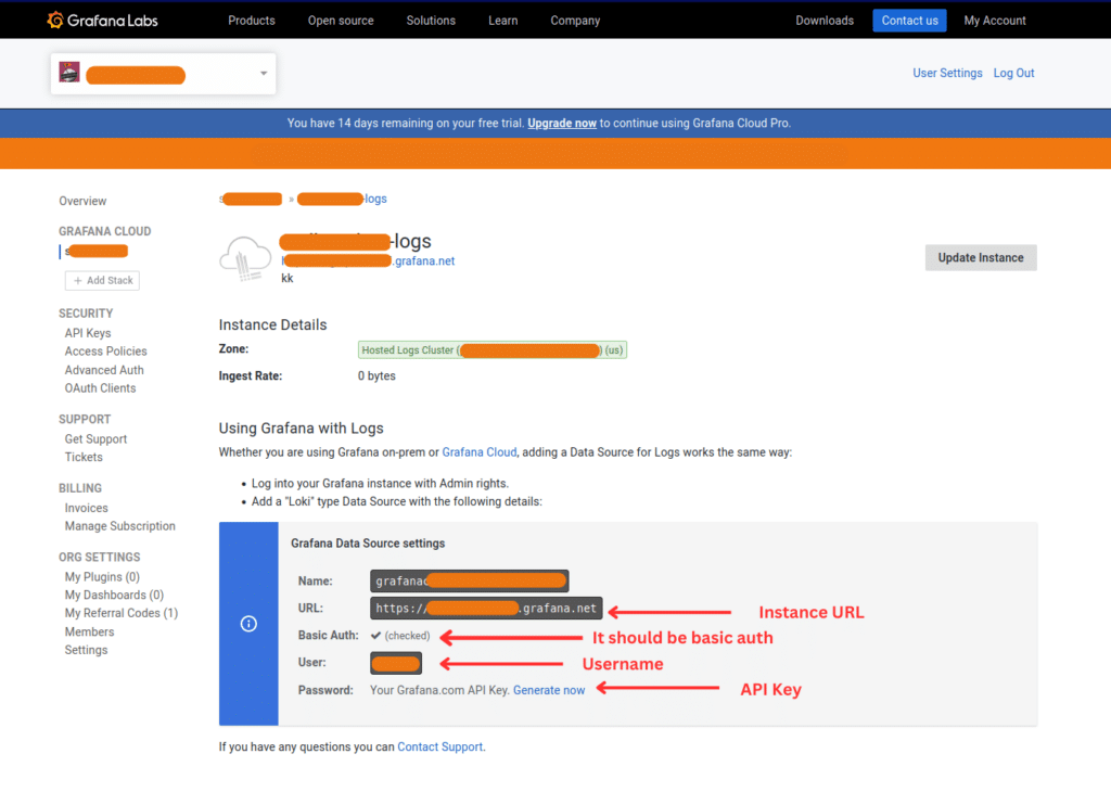 Screenshot of Grafana Labs interface showing instance setup details for Grafana Cloud logs integrated with Loki. Sections highlighted include Instance URL, Basic Auth Username, and API Key.