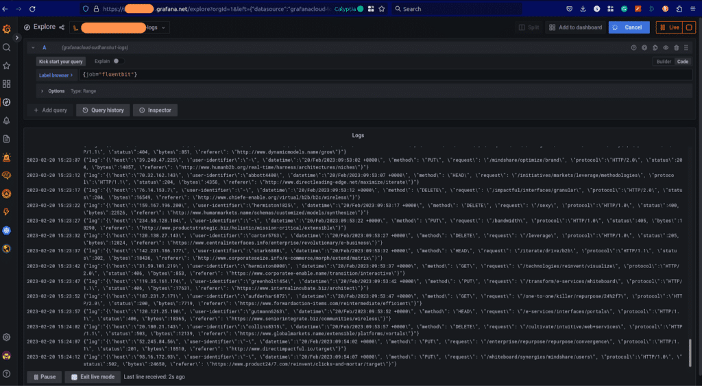 A screenshot of a dashboard interface showing a series of logs with timestamps, IP addresses, and other metadata. The interface includes options to add queries and refresh logs, seamlessly integrating Fluent Bit for log collection and Loki for efficient log management.