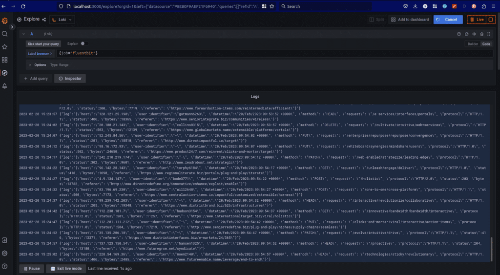 A screenshot of a web interface showing log entries in a table format. The logs, collected by Fluent Bit, contain timestamped JSON data. The interface includes tabs and options for adding queries, pausing, and viewing logs through Loki integration.