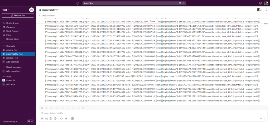 Image of a Slack workspace showing messages in the "observability" channel. Each message contains a JSON payload with timestamp, tags, and other data points. The interface includes a list of channels and options.