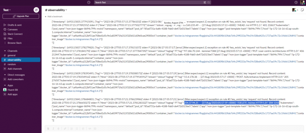 A Slack channel named "#observability," featuring a series of error messages parsed by a Fluent Bit JSON parser, related to asset file requests and responses.