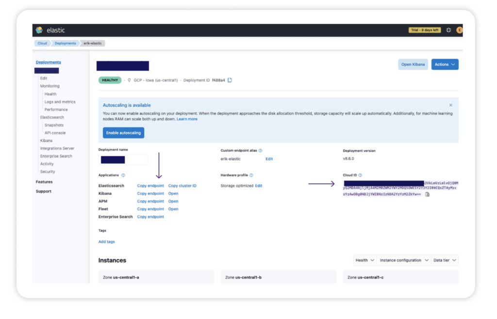 Screenshot of an Elastic deployment dashboard displaying deployment details like application, name, cloud ID, and endpoints, with options for autoscaling, instance configuration, and various actions—including configuring Fluent Bit to Elasticsearch integration.