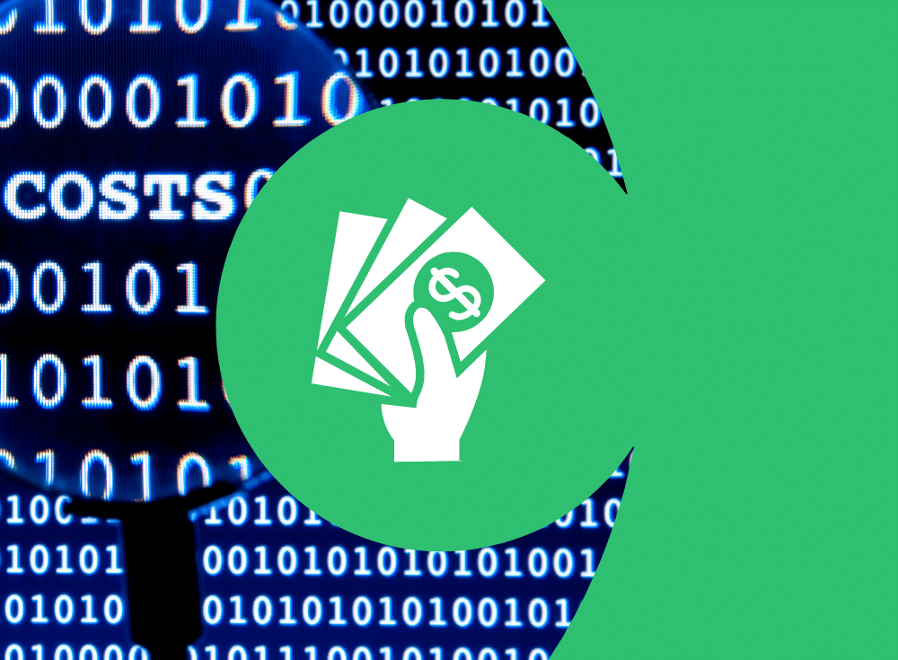 A magnifying glass reveals the word "COSTS" among binary code, with a green overlay displaying an icon of a hand holding money, highlighting hidden DIY costs.