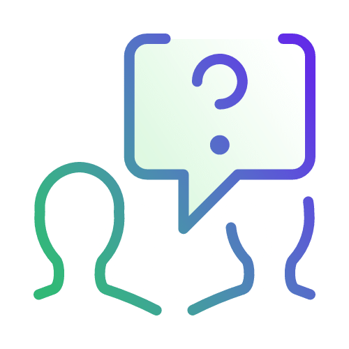 Two abstract human outlines with one speaking to the other, symbolized by a speech bubble with a question mark above the second figure.