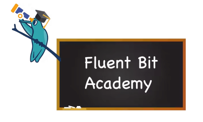 Illustration of a blackboard with "Fluent Bit Academy" written on it. A blue bird mascot wearing a graduation cap is perched on the left side, holding a magnifying glass, symbolizing the expertise in data collection and log processing.