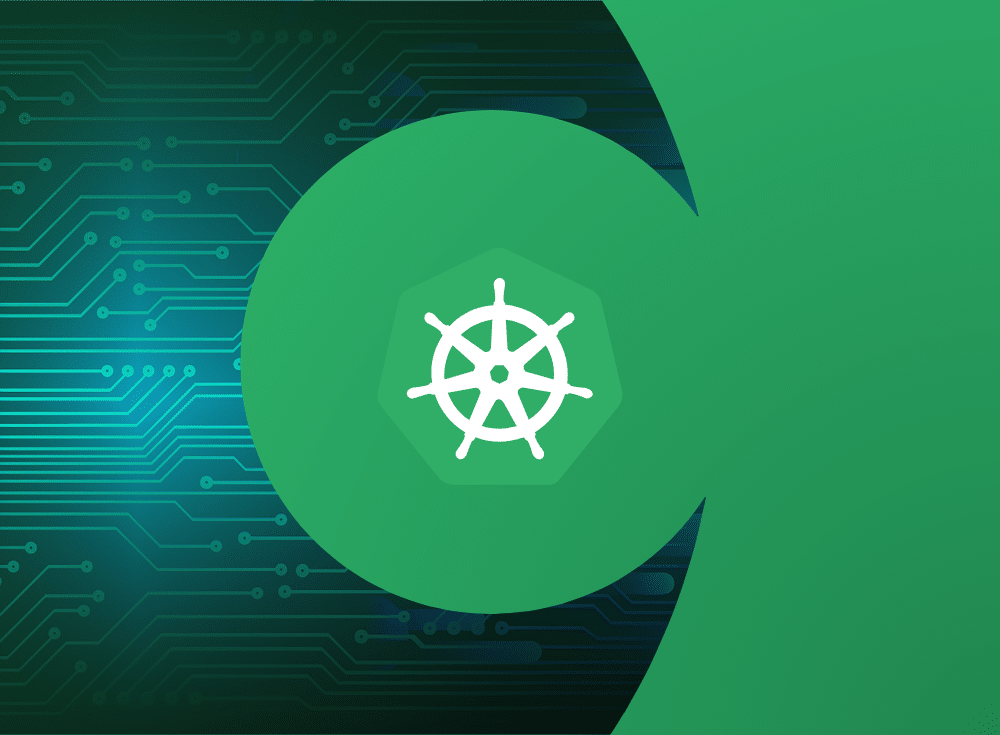 A white ship wheel icon, symbolizing Kubernetes observability, is centered within a green hexagon against a background of circuit board patterns on the left and a solid green area on the right.