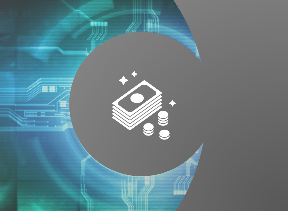 Illustration of stacked paper currency and coins in a grey circle, with a blue digital circuit background, subtly hinting at hidden DIY costs.