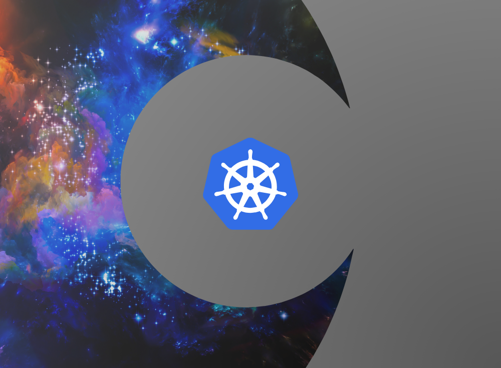 Kubernetes logo in the center of an abstract, colorful cosmic background partially overlaid by a gray shape, highlighting seamlessly integrated Fluent Bit Kubernetes configurations.