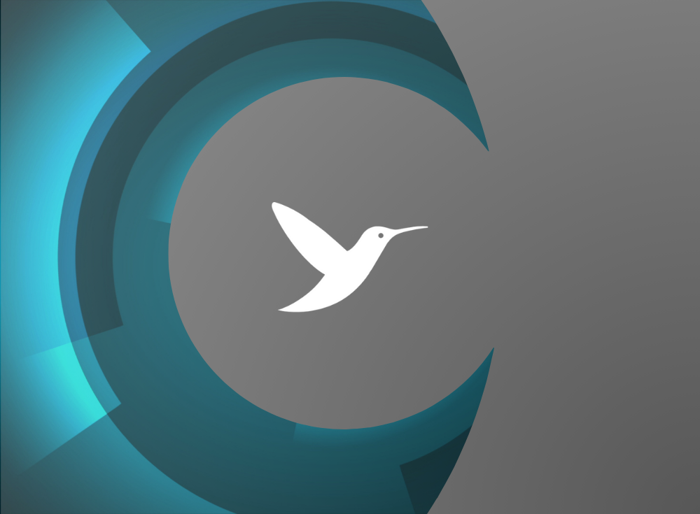 A stylized white hummingbird on a gray background, surrounded by a fluent gradient blue circular design.