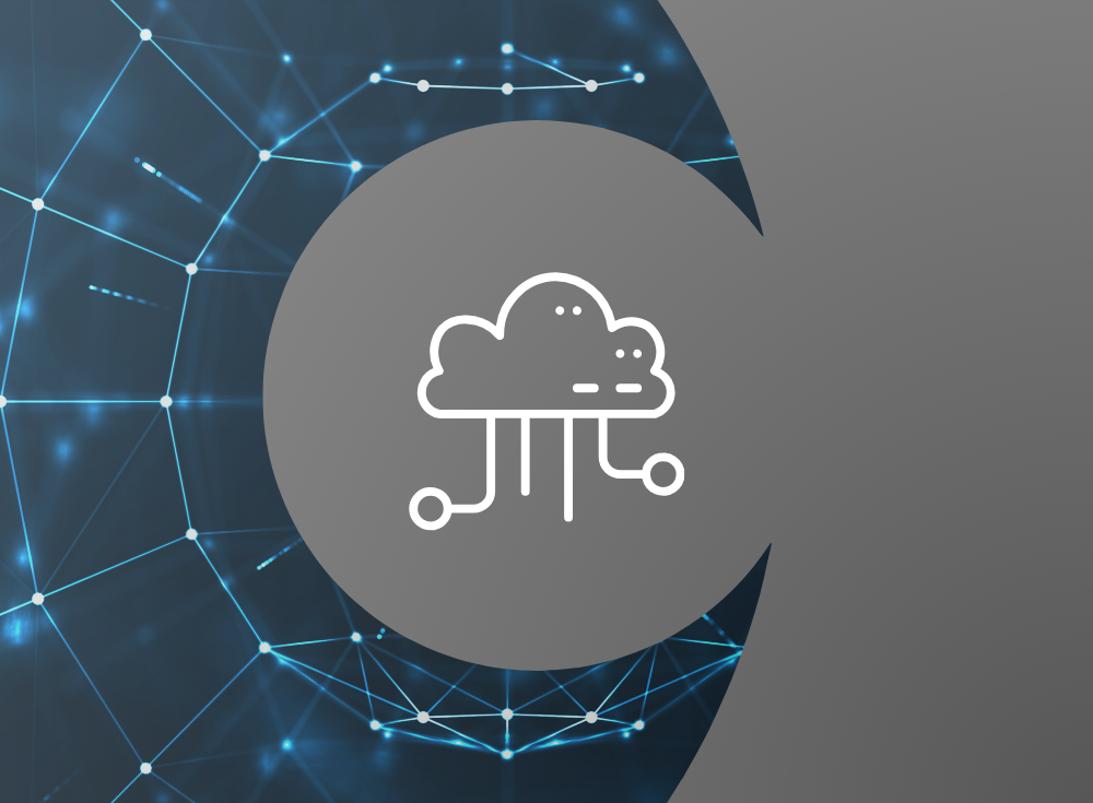 A cloud icon interconnected with digital lines is centered on a grey and blue geometric background, symbolizing cloud computing, fluent bit to Elasticsearch integration, and network connectivity.