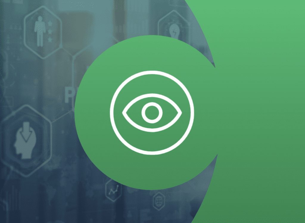 A white eye symbol sits in the center of a green circular gradient background, with faint futuristic icons and symbols in the shaded area, exemplifying best practices in observability.