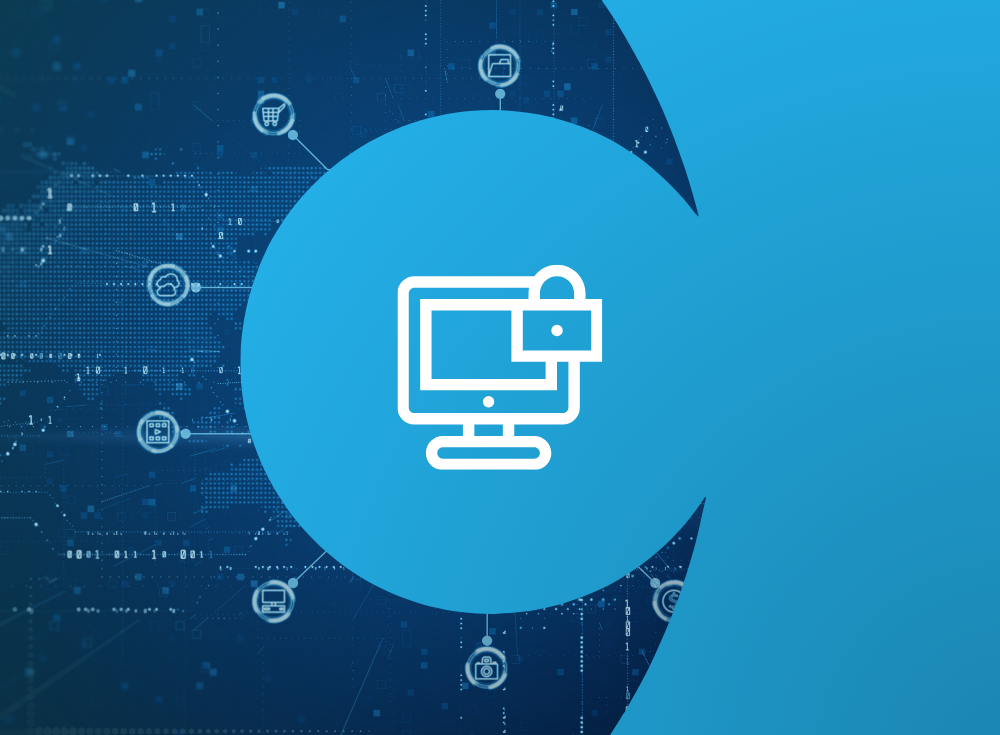 Illustration of a computer monitor with a security padlock symbol against a blue background, surrounded by digital network icons, emphasizing customer data protection.