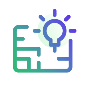 A stylized icon of a light bulb with radiating lines, placed above a maze-like pattern, suggesting an idea or solution concept. The design uses blue and green gradient colors.