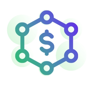 A gradient-colored hexagon made of interconnected circles with a dollar sign in the center.