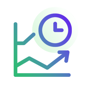 A line graph with an upward trend and a clock icon indicating time duration.