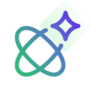 A gradient-colored icon depicting an atom with a sparkle on the upper right side.