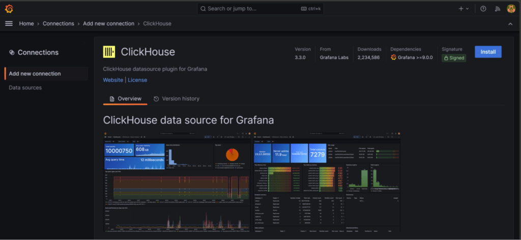 Screenshot of a ClickHouse data source plugin for Grafana page, depicting installation options, user interface with data visualizations and metrics, and seamless integration with IIS logging.