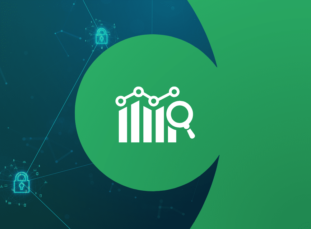 A green and blue graphic showing a bar chart with a magnifying glass icon. There are padlock icons in the background, suggesting themes of data analysis, security, and telemetry.