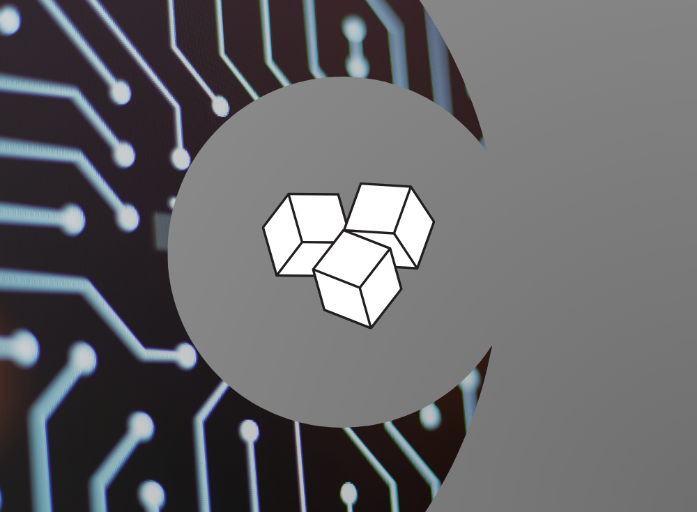 Image showing a graphic of interconnected white circuit lines with three white cubes in the center, set against a grayscale curved background, representing the streamlined data flow filtering system in Fluent Bit Kubernetes environments.