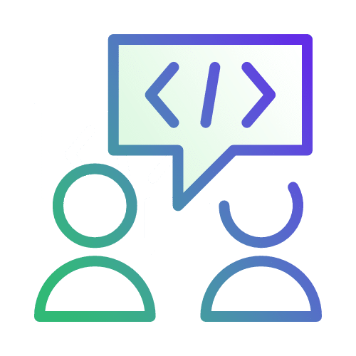 Two people icons with a speech bubble between them displaying code symbols.