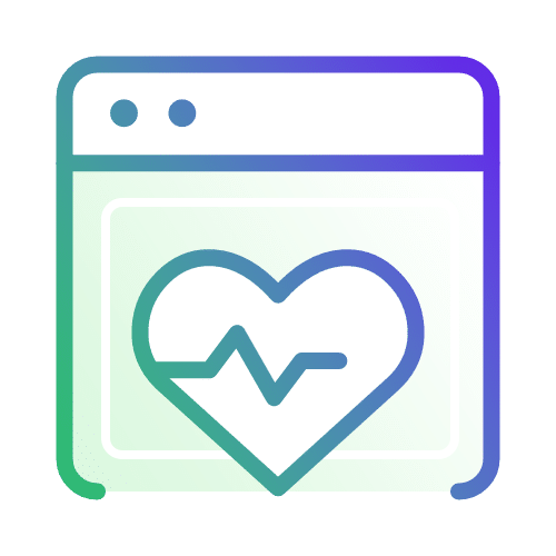 Icon depicting a web browser with a heart containing a heartbeat line, suggesting health management or monitoring. The design features gradient colors transitioning from green to blue to purple.