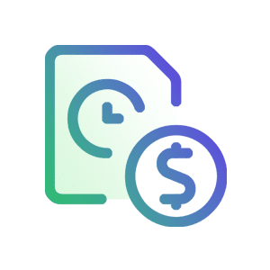 Icon of a document with a clock and a dollar sign, symbolizing time and money.