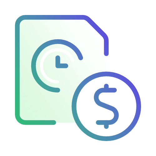 Icon depicting a document with a clock and a dollar sign, symbolizing financial transactions or time-related costs.