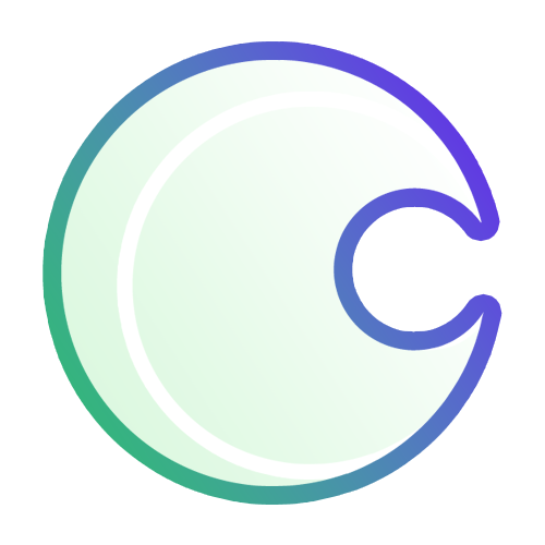 A circular design with a gradient outline transitioning from green to blue. The circle has a crescent-shaped cutout on the right side. The interior is a pale, translucent color.