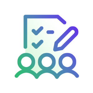 Icon depicting three people in front of a document with checkmarks and a pencil.