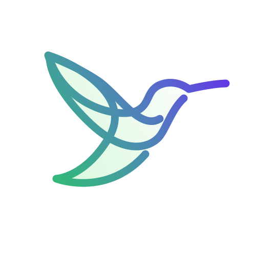 An illustration of a stylized hummingbird with gradient colors transitioning from green to blue and purple.