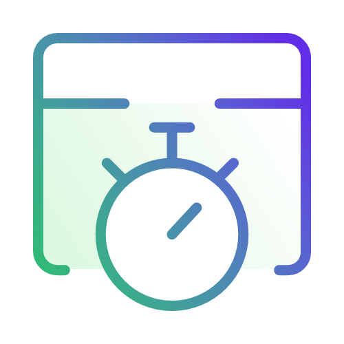 Icon of a calendar with a stopwatch overlay, symbolizing scheduling or timing. The design uses gradient colors transitioning from blue to green.