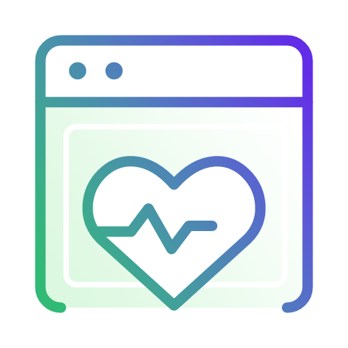 Icon of a web browser with a heart and a heartbeat line inside, symbolizing health, wellness, or medical information online.
