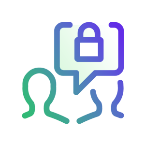 Two abstract human figures with a speech bubble containing a padlock, symbolizing secure communication.