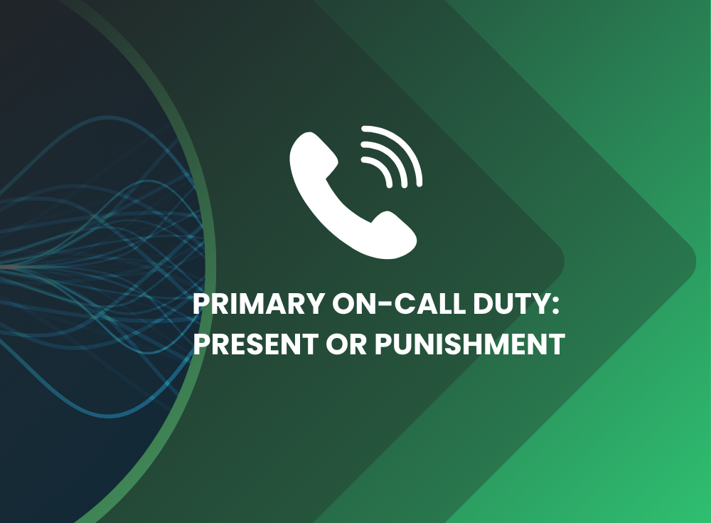 Phone icon with sound waves on a green and blue background. Text reads: "Primary On-Call Duty: Present or Punishment, featuring insights from Paige Cruz.