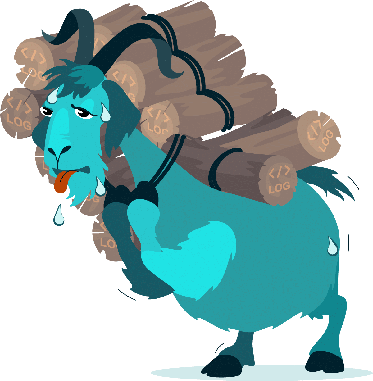 A blue goat, akin to a traveler through the Chronosphere, carries logs labeled with code symbols. It's sweating and panting with its tongue out, each log seeming like a heavy relic from another time.