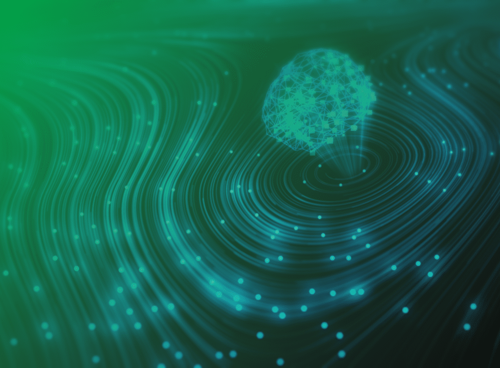 Abstract image of a digital brain-like structure with interconnected lines and glowing dots, reminiscent of an AI company's latest innovation, over a swirling green background.