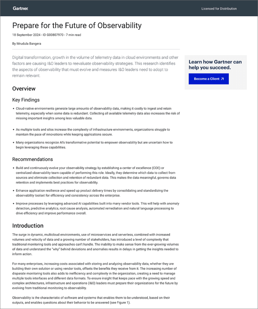 Screenshot of a Gartner report detailing the future of observability. It explores challenges and strategies in managing cloud environments and data systems to enhance digital transformation.