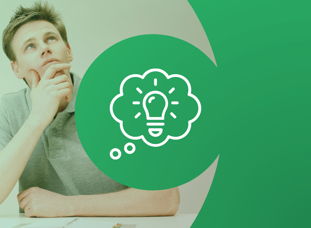 A person, hand on chin, gazes upward thoughtfully. A light bulb in a thought bubble illustrates an innovative idea about rethinking observability. The green backdrop with its circular design encapsulates the theme of discovery and insight.