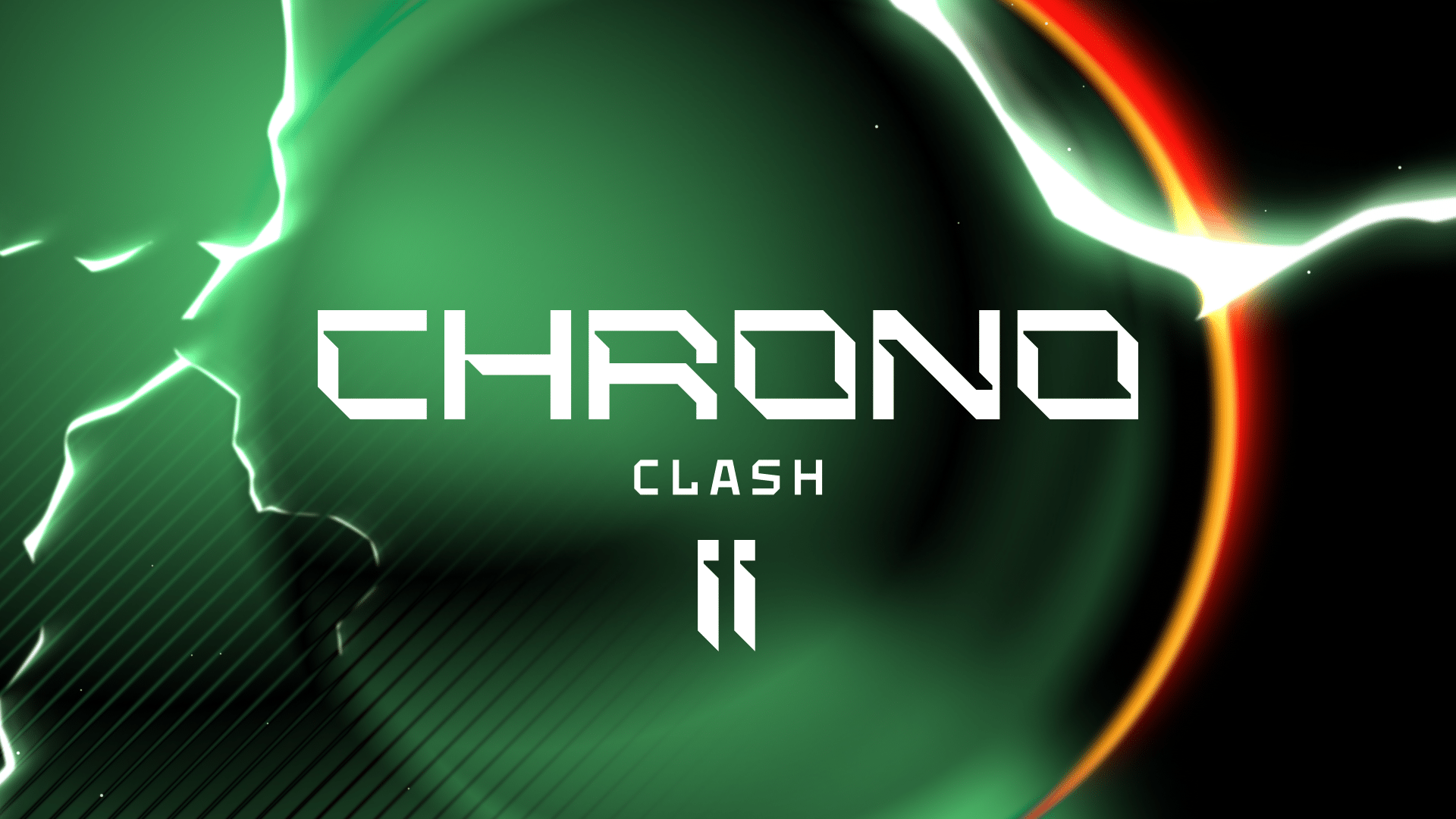 Logo for "Chrono Clash II: East vs West" featuring bold white text on a green and black background, accented by light streaks and a circular gradient effect.