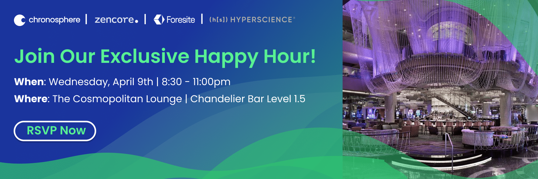 Join us for a happy hour at the Cosmopolitan Lounge, Chandelier Bar Level 1.5, on Wednesday, April 9th from 8:30 to 11:00 pm. Network and unwind with fellow Google Cloud enthusiasts. Don't miss this chance to elevate your Cloud Next experience! Includes RSVP button.