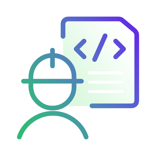 Icon of a person wearing a cap in front of a document with code symbols and lines, representing coding or software development.