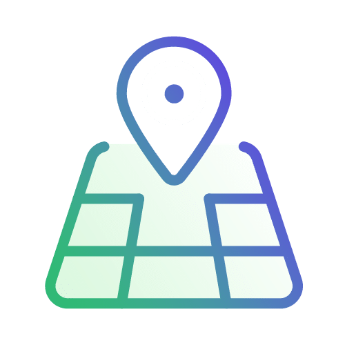 Icon of a map with a location pin marker on top, depicted in blue and green gradient lines.