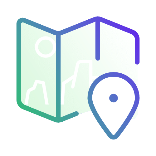 An icon of a folded map with a location pin in front of it, suggesting navigation or finding a place.