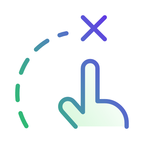 A hand icon with an extended index finger points upward toward a dashed arc leading to an "X" symbol.